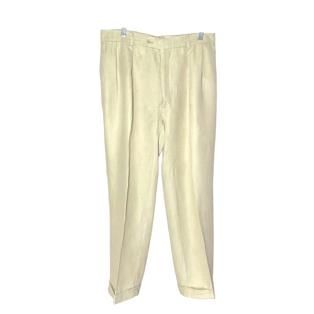 Harold Powell Mens 33x28 Beige 100% Linen Herringbone Pleated Cuffed Pants Italy